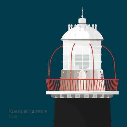 Illustration of Roancarrigmore lighthouse on a midnight blue background