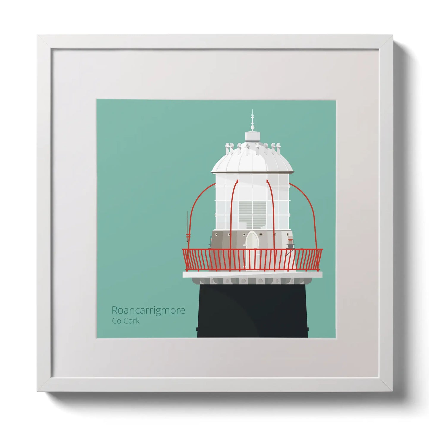Illustration of Roancarrigmore lighthouse on an ocean green background,  in a white square frame measuring 30x30cm.