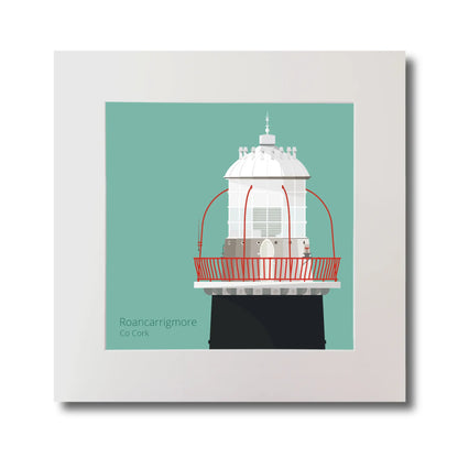 Illustration of Roancarrigmore lighthouse on an ocean green background, mounted and measuring 30x30cm.
