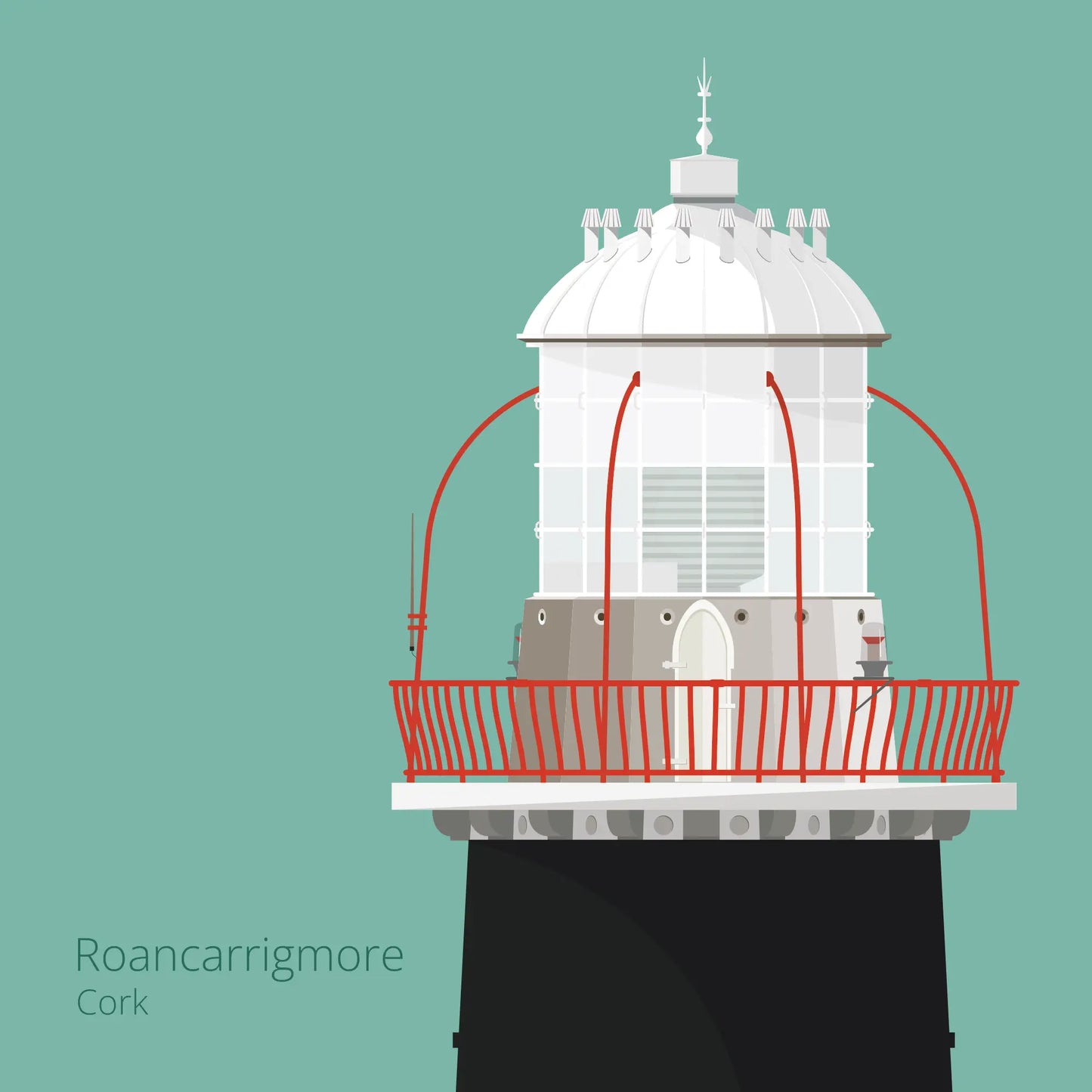 Illustration of Roancarrigmore lighthouse on an ocean green background