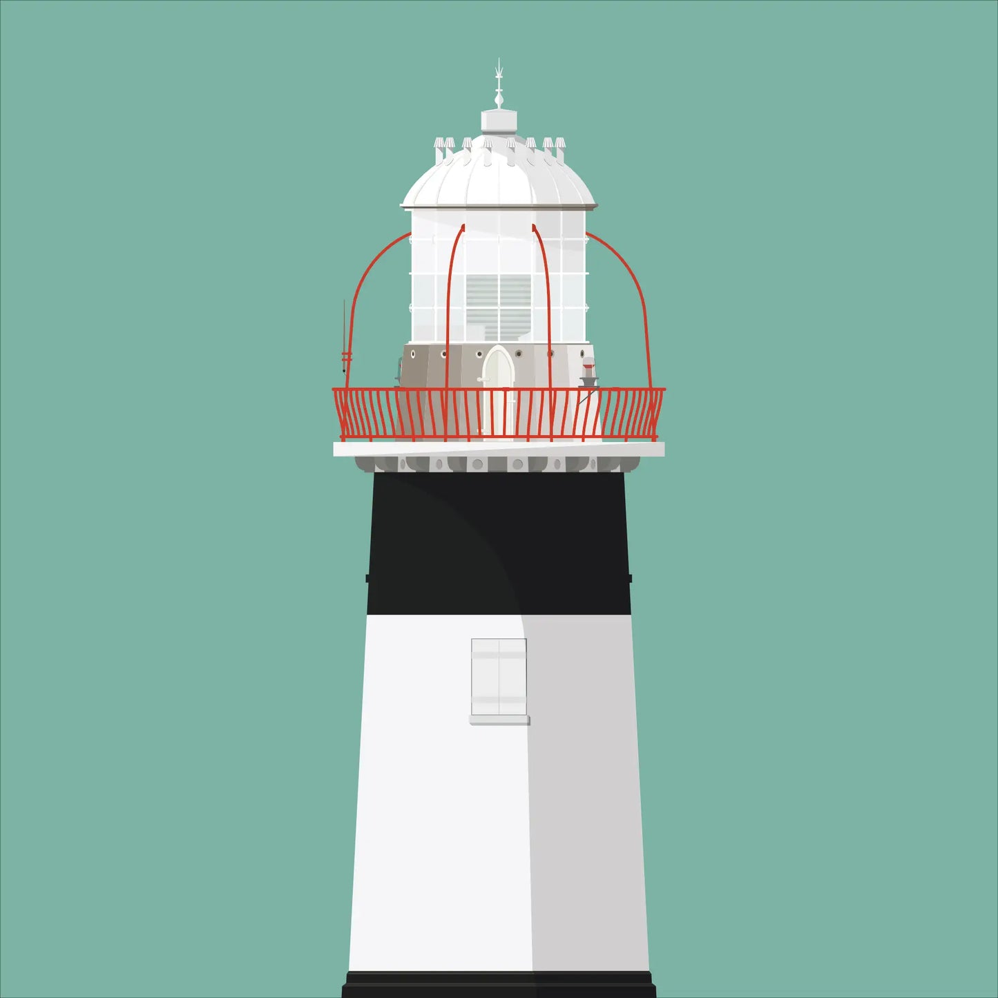 Illustration of Roancarrigmore lighthouse on a white background inside light blue square.