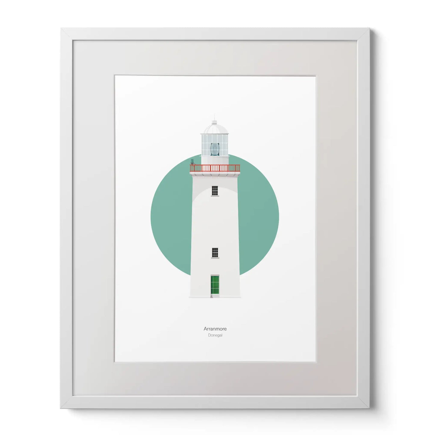 Illustration of Arranmore lighthouse on a white background inside light blue square,  in a white frame measuring 40x50cm.