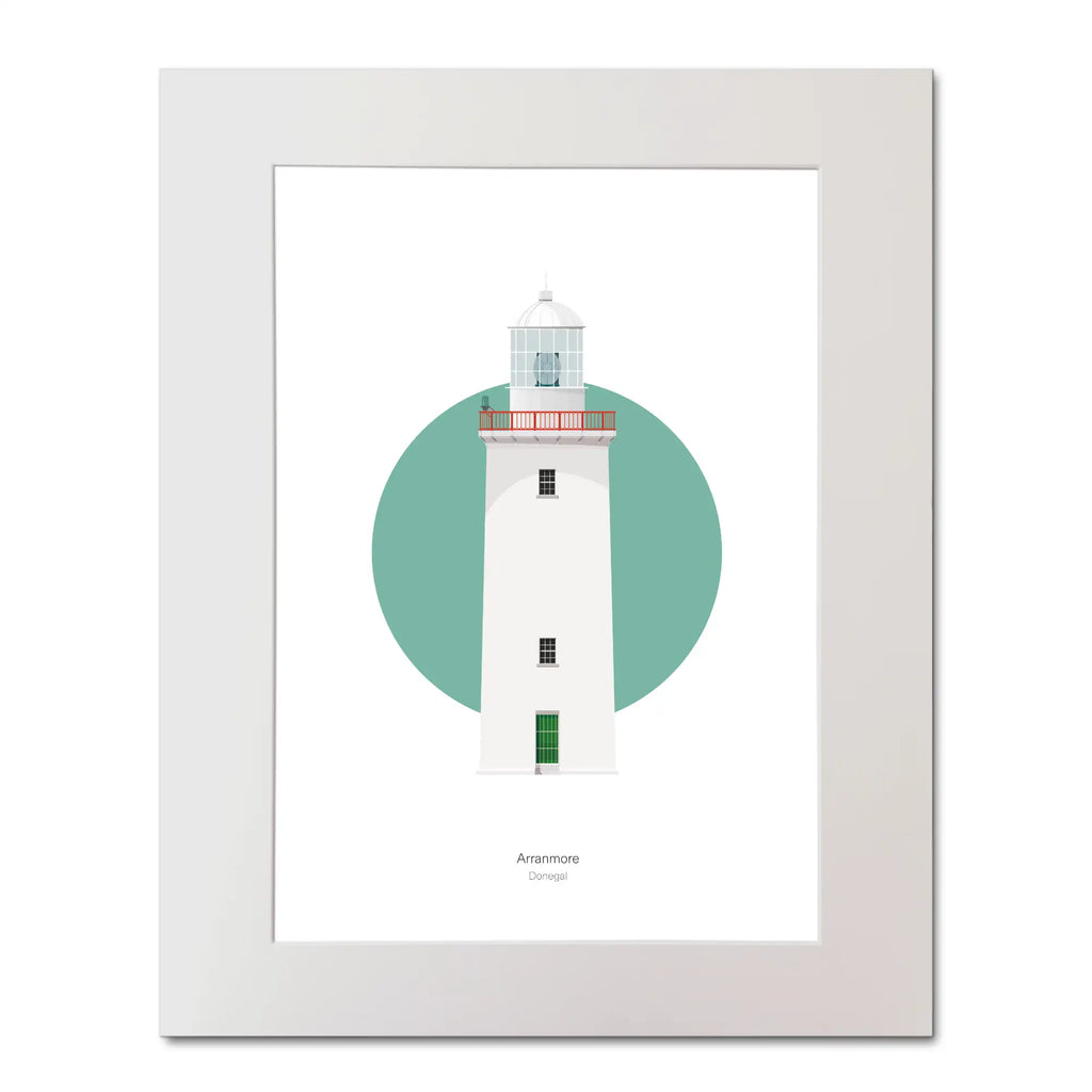 Illustration of Arranmore lighthouse on a white background inside light blue square, mounted and measuring 40x50cm.