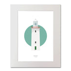 Illustration of Arranmore lighthouse on a white background inside light blue square, mounted and measuring 40x50cm.