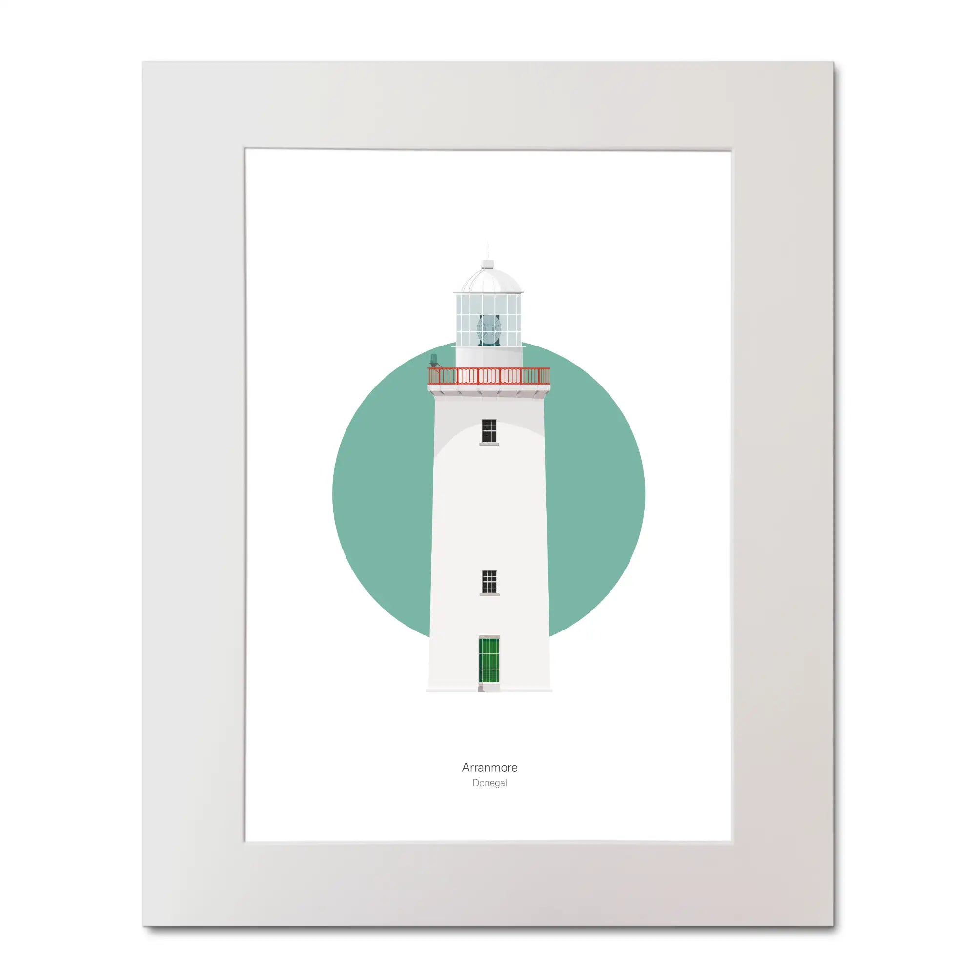 Illustration of Arranmore lighthouse on a white background inside light blue square, mounted and measuring 40x50cm.