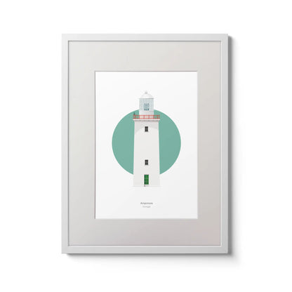 Illustration of Arranmore lighthouse on a white background inside light blue square,  in a white frame measuring 30x40cm.