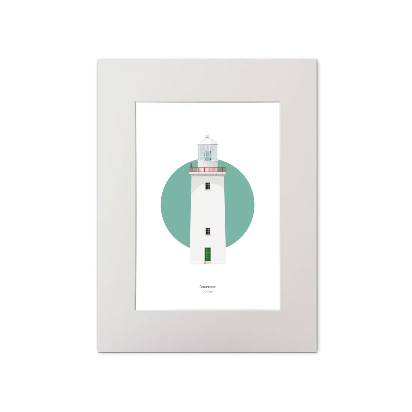 Illustration of Arranmore lighthouse on a white background inside light blue square, mounted and measuring 30x40cm.