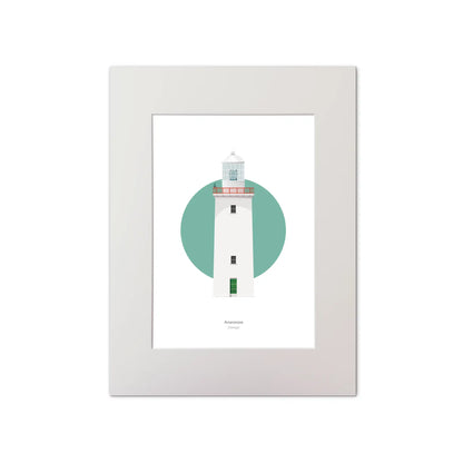 Illustration of Arranmore lighthouse on a white background inside light blue square, mounted and measuring 30x40cm.