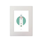 Illustration of Arranmore lighthouse on a white background inside light blue square, mounted and measuring 30x40cm.