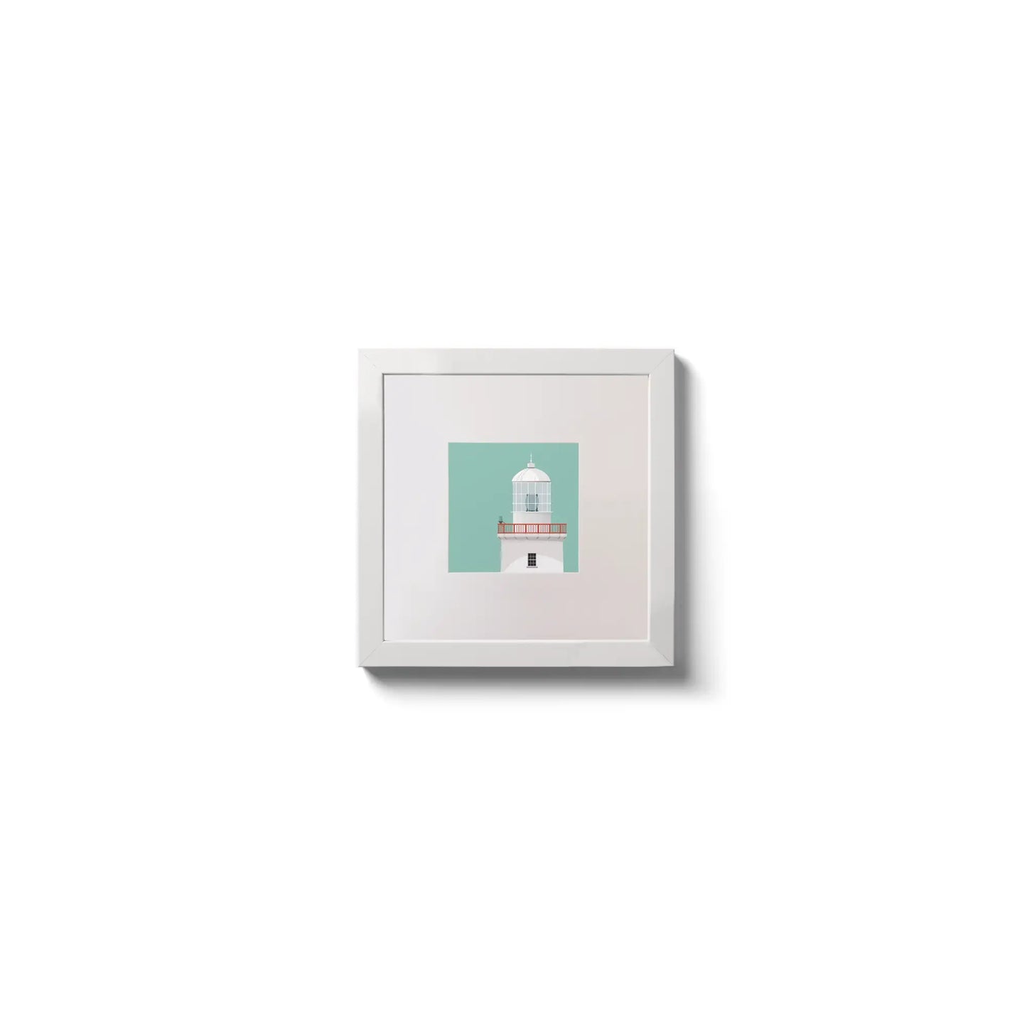 Illustration of Arranmore lighthouse on an ocean green background,  in a white square frame measuring 10x10cm.