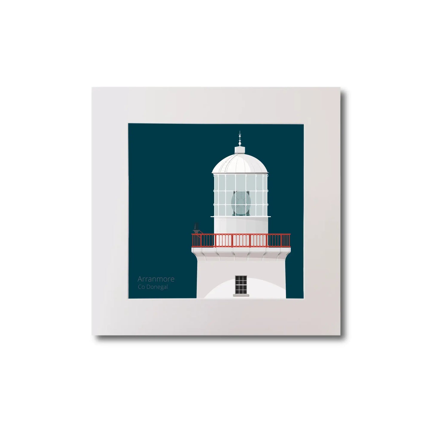 Illustration of Arranmore lighthouse on a midnight blue background, mounted and measuring 20x20cm.