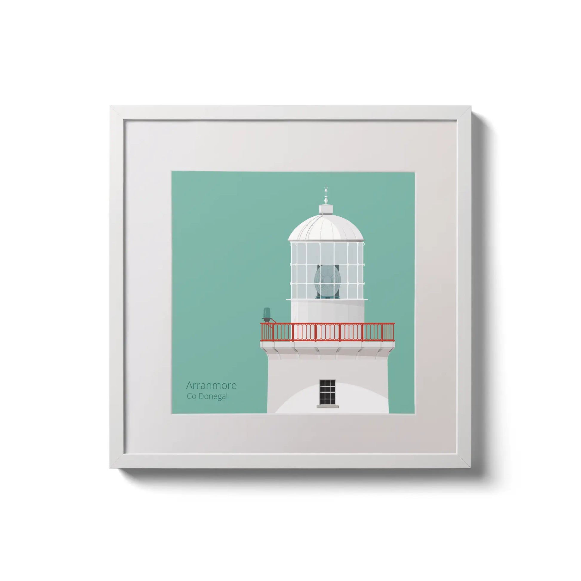 Illustration of Arranmore lighthouse on an ocean green background,  in a white square frame measuring 20x20cm.