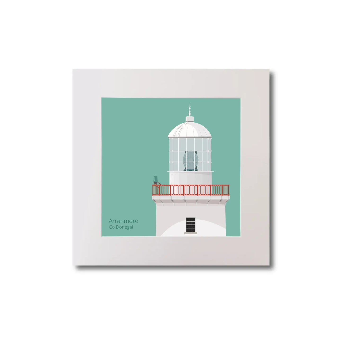 Illustration of Arranmore lighthouse on an ocean green background, mounted and measuring 20x20cm.
