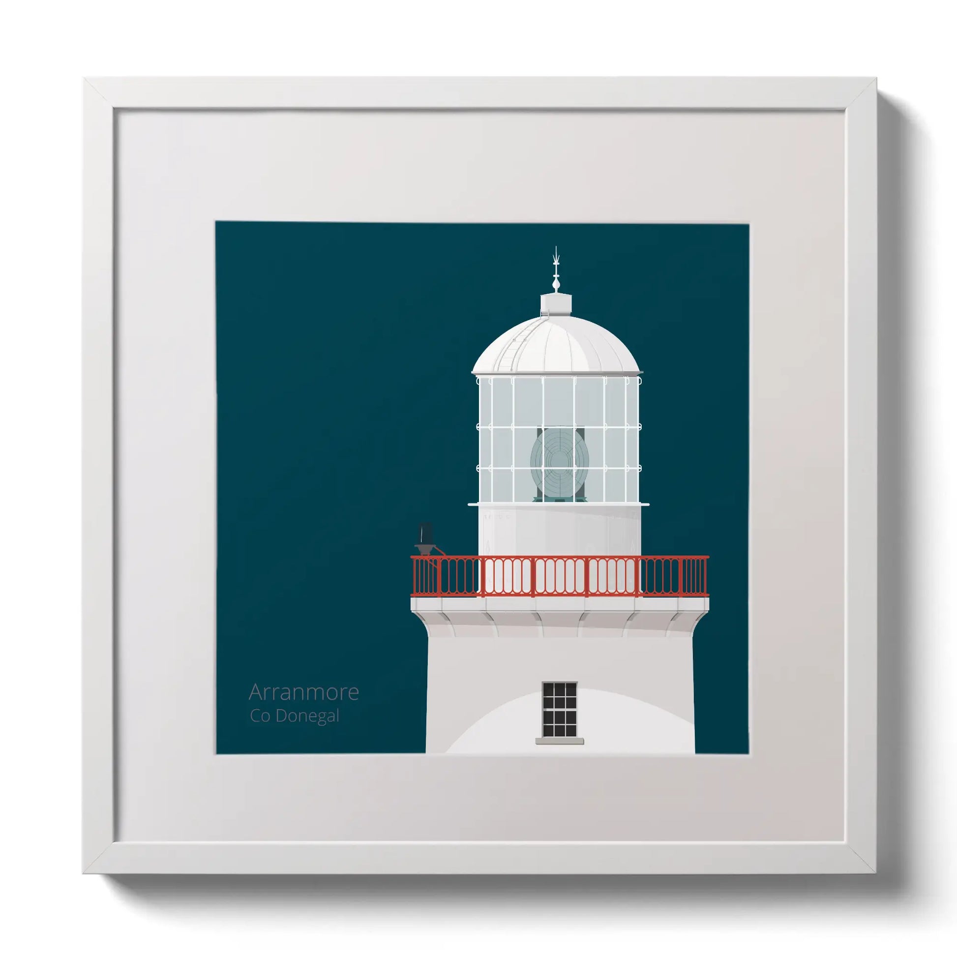 Illustration of Arranmore lighthouse on a midnight blue background,  in a white square frame measuring 30x30cm.