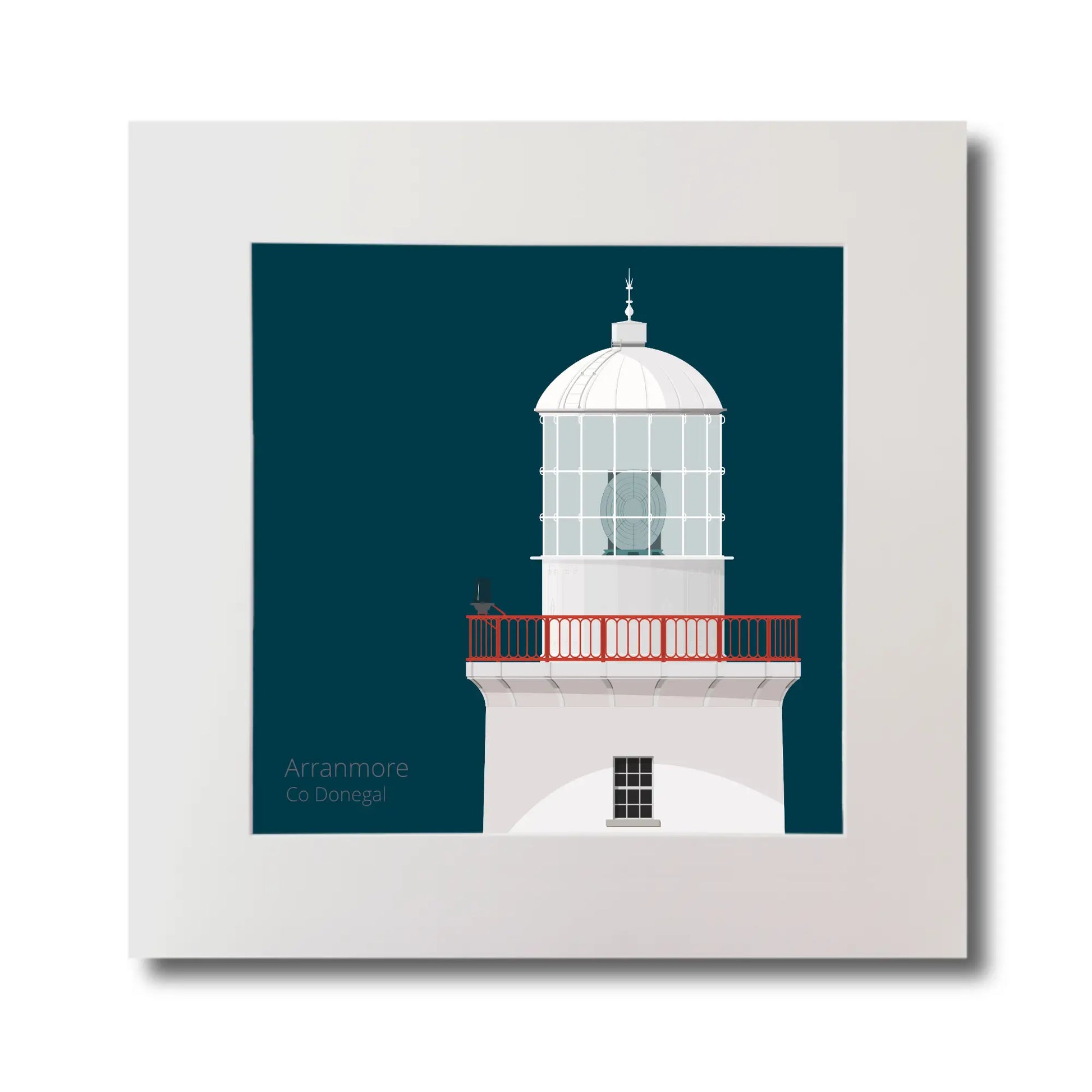 Illustration of Arranmore lighthouse on a midnight blue background, mounted and measuring 30x30cm.