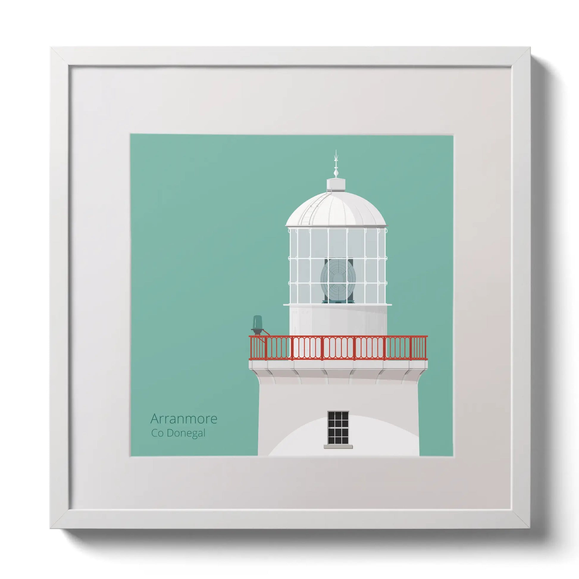 Illustration of Arranmore lighthouse on an ocean green background,  in a white square frame measuring 30x30cm.