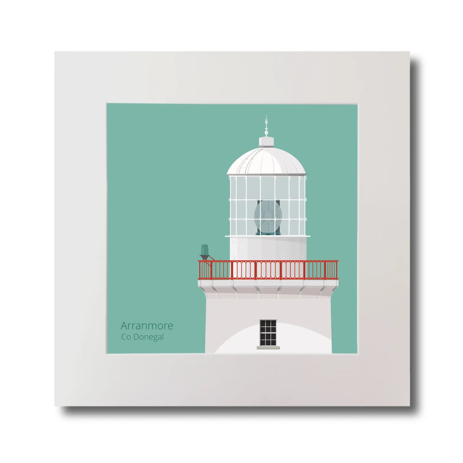 Illustration of Arranmore lighthouse on an ocean green background, mounted and measuring 30x30cm.