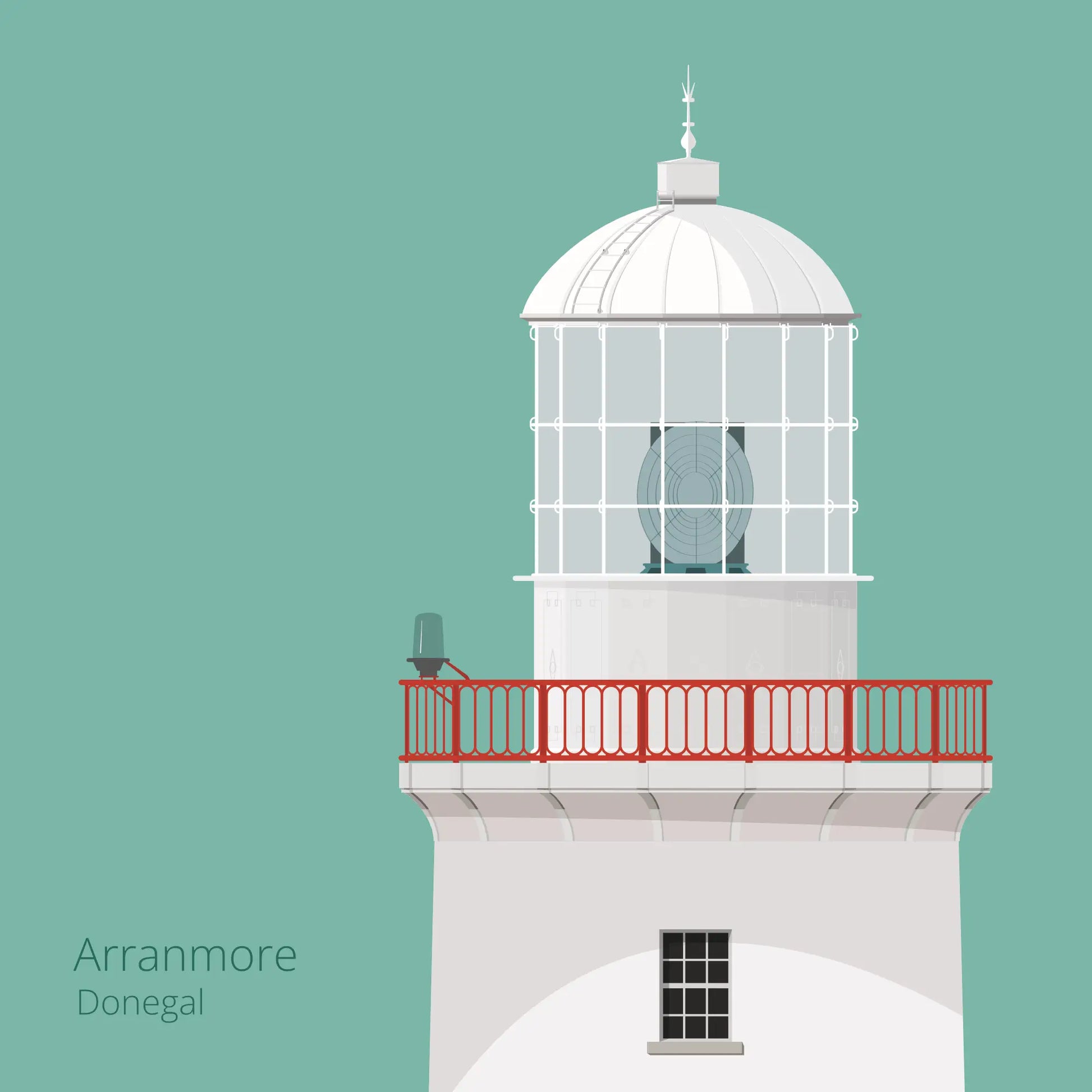 Illustration of Arranmore lighthouse on an ocean green background