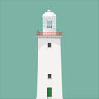 Illustration of Arranmore lighthouse on a white background inside light blue square.