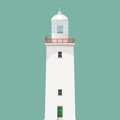 Illustration of Arranmore lighthouse on a white background inside light blue square.