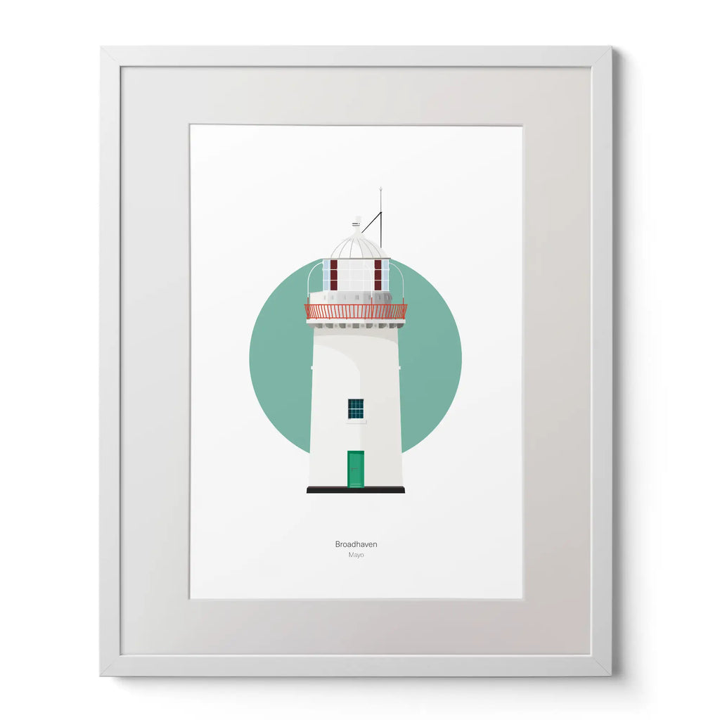 Illustration of Broadhaven lighthouse on a white background inside light blue square,  in a white frame measuring 40x50cm.