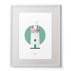 Illustration of Broadhaven lighthouse on a white background inside light blue square,  in a white frame measuring 40x50cm.