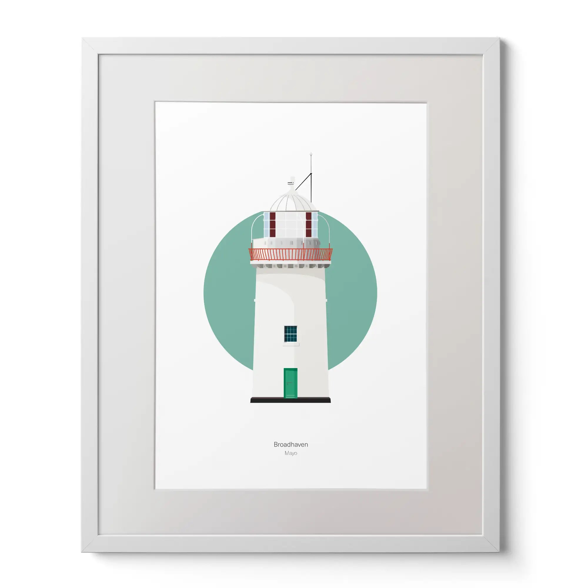 Illustration of Broadhaven lighthouse on a white background inside light blue square,  in a white frame measuring 40x50cm.