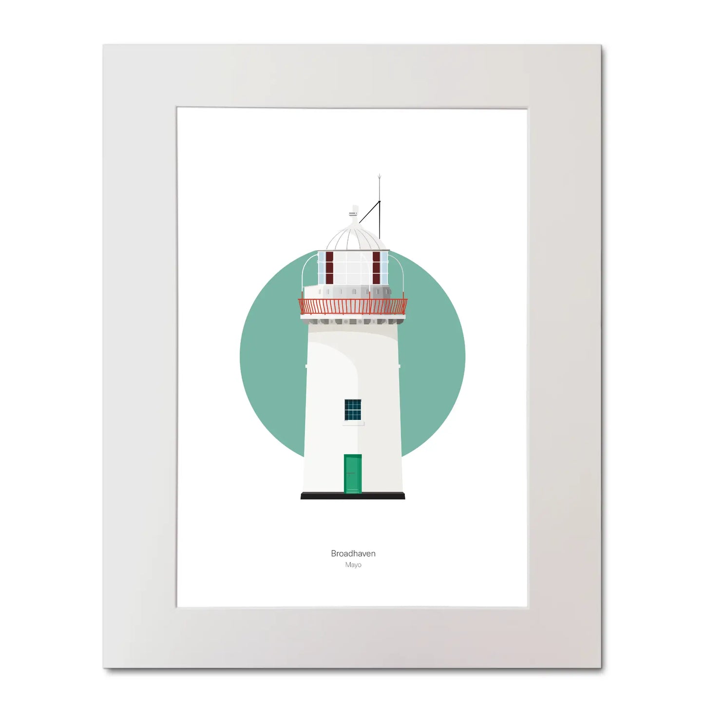 Illustration of Broadhaven lighthouse on a white background inside light blue square, mounted and measuring 40x50cm.
