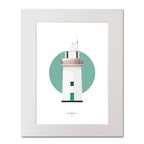Illustration of Broadhaven lighthouse on a white background inside light blue square, mounted and measuring 40x50cm.