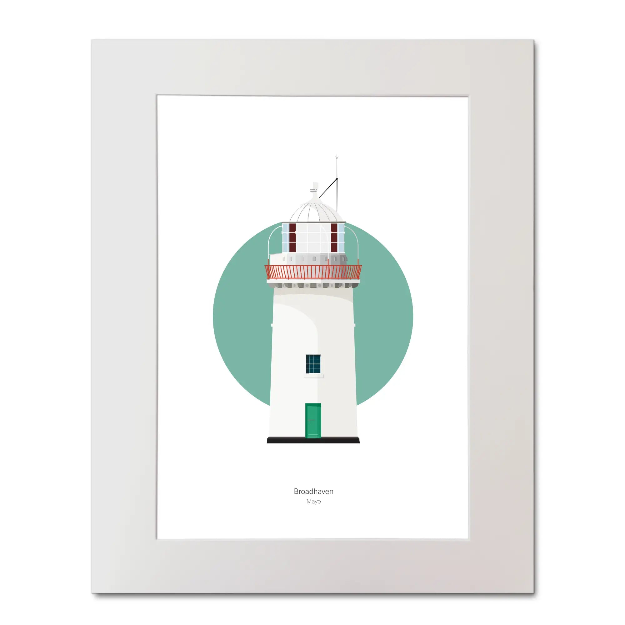 Illustration of Broadhaven lighthouse on a white background inside light blue square, mounted and measuring 40x50cm.