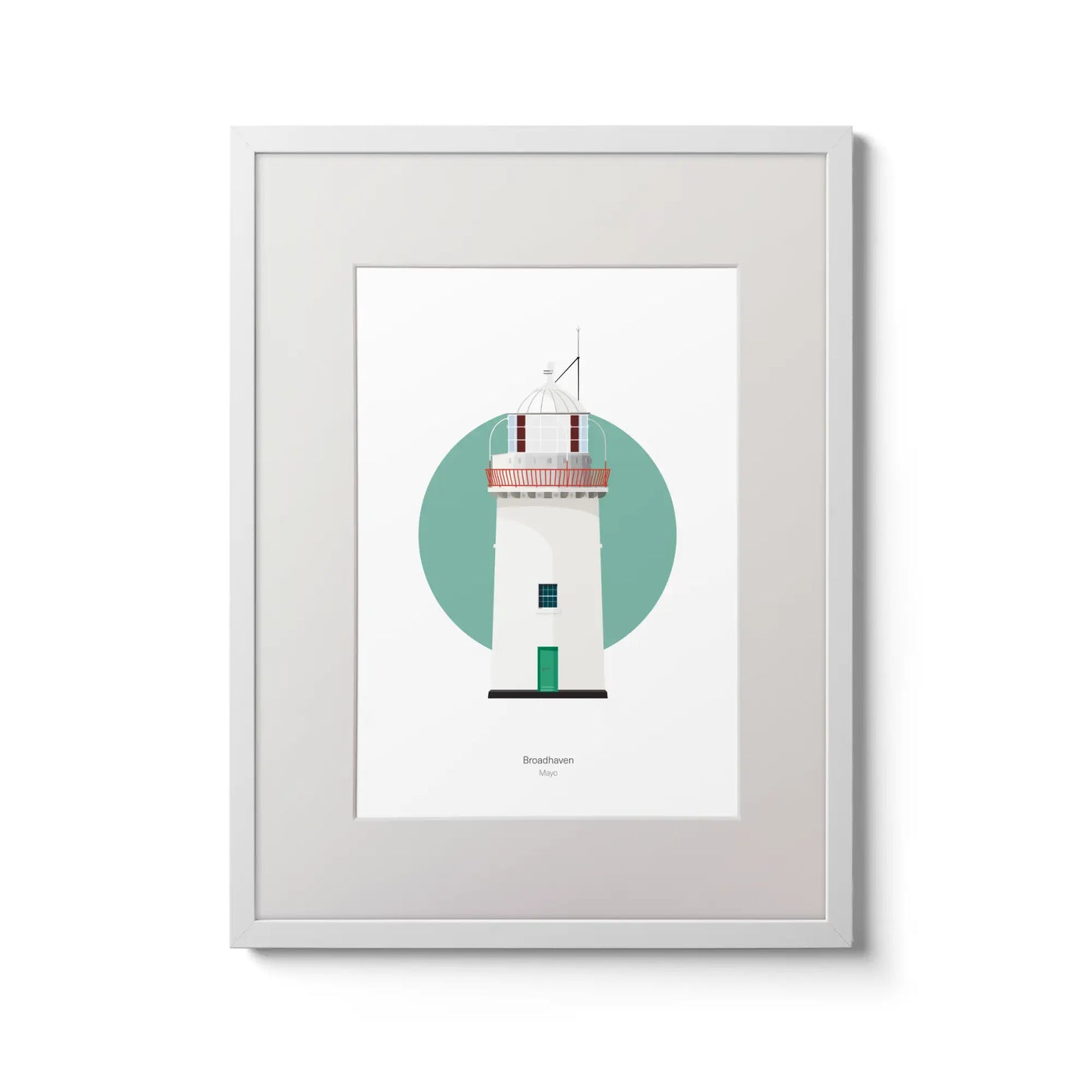 Illustration of Broadhaven lighthouse on a white background inside light blue square,  in a white frame measuring 30x40cm.