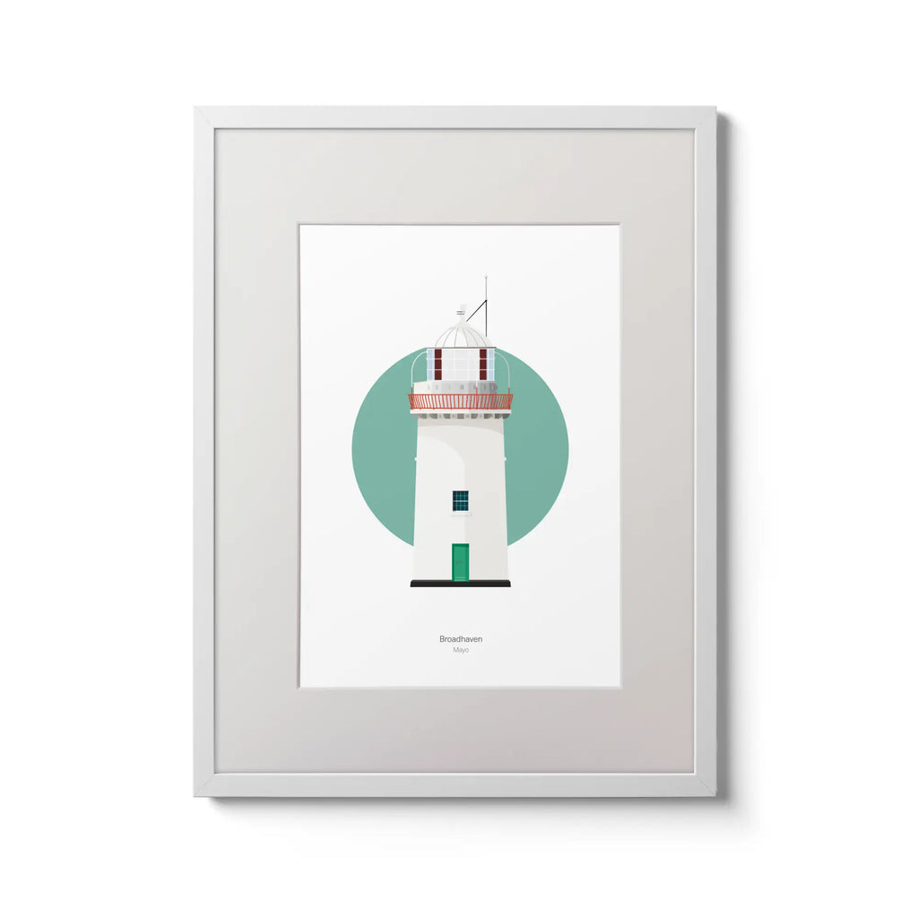 Illustration of Broadhaven lighthouse on a white background inside light blue square,  in a white frame measuring 30x40cm.