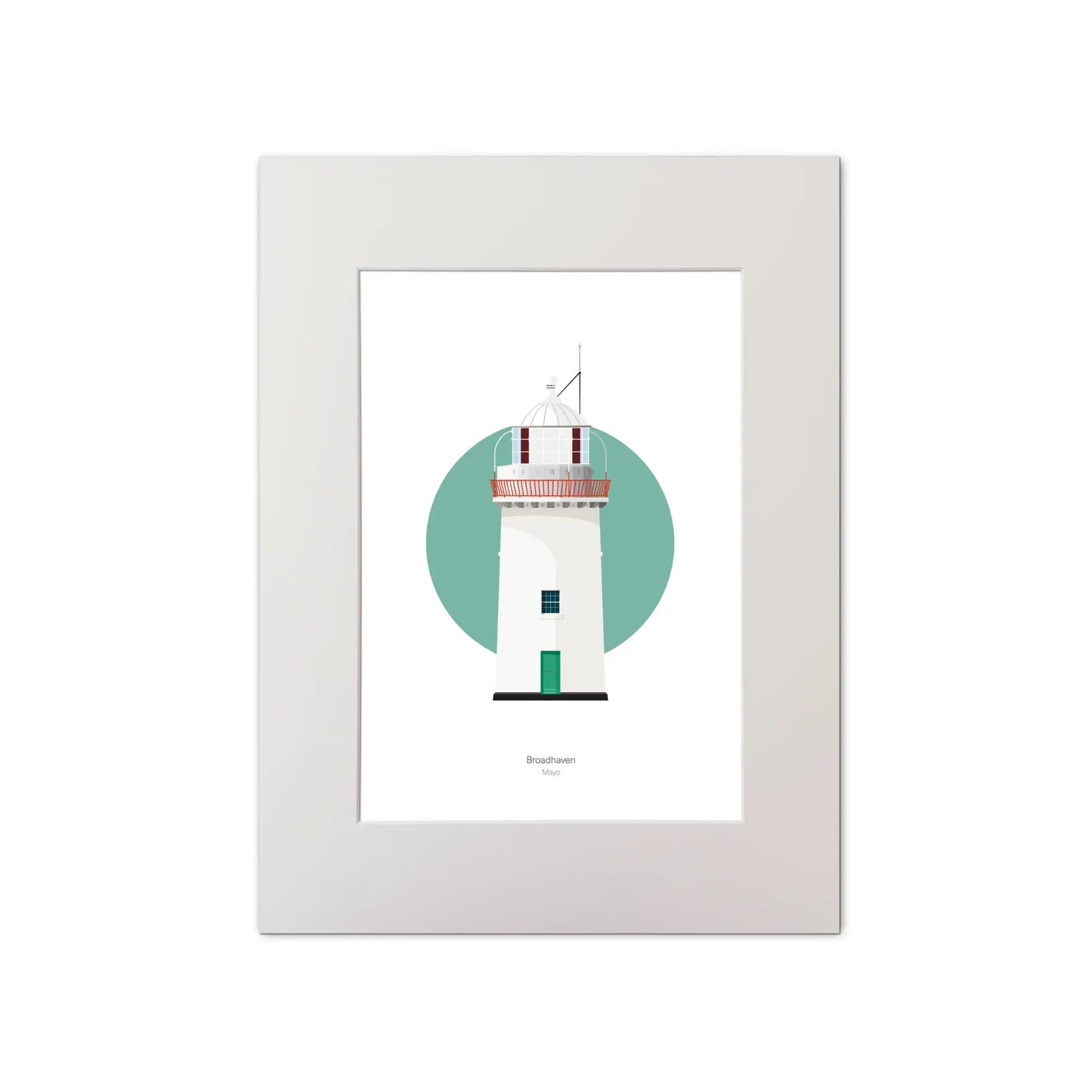 Illustration of Broadhaven lighthouse on a white background inside light blue square, mounted and measuring 30x40cm.