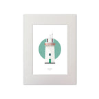 Illustration of Broadhaven lighthouse on a white background inside light blue square, mounted and measuring 30x40cm.