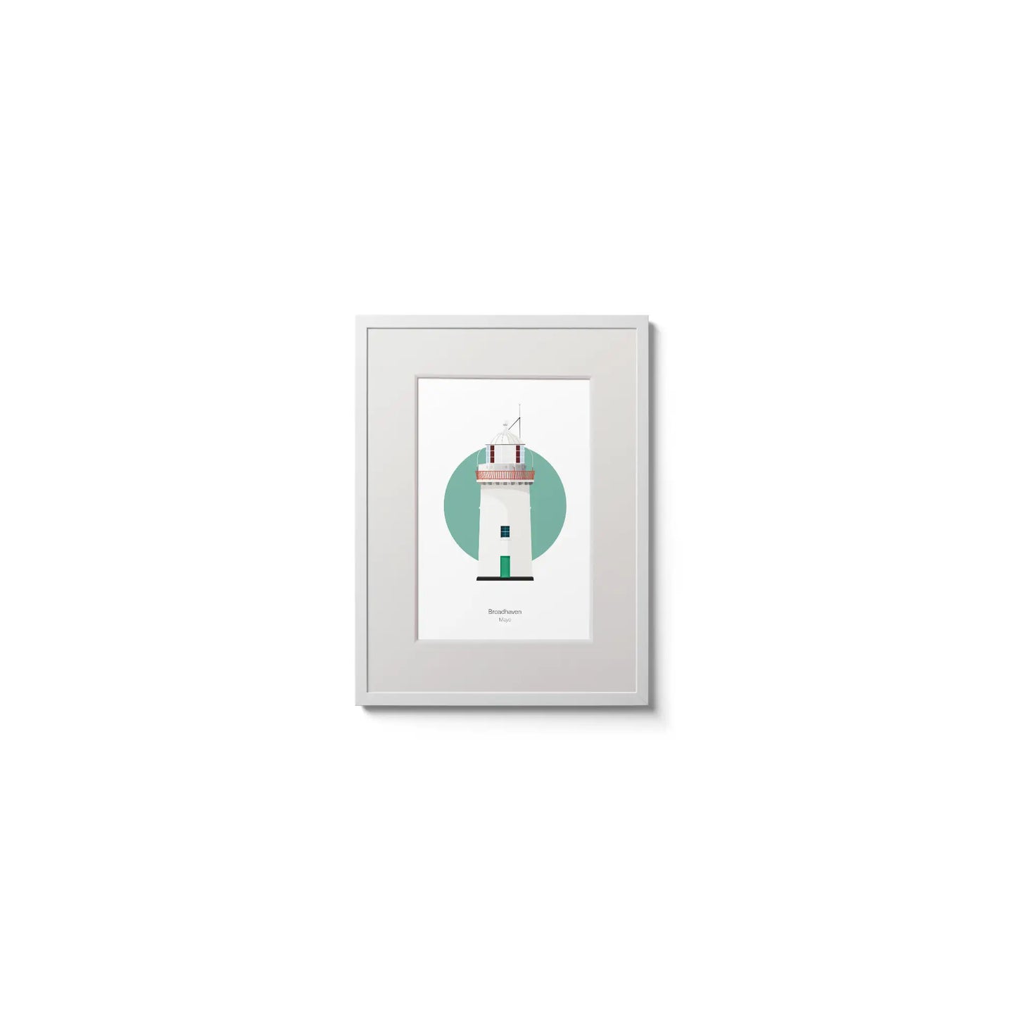 Illustration of Broadhaven lighthouse on a white background inside light blue square,  in a white frame measuring 15x20cm.