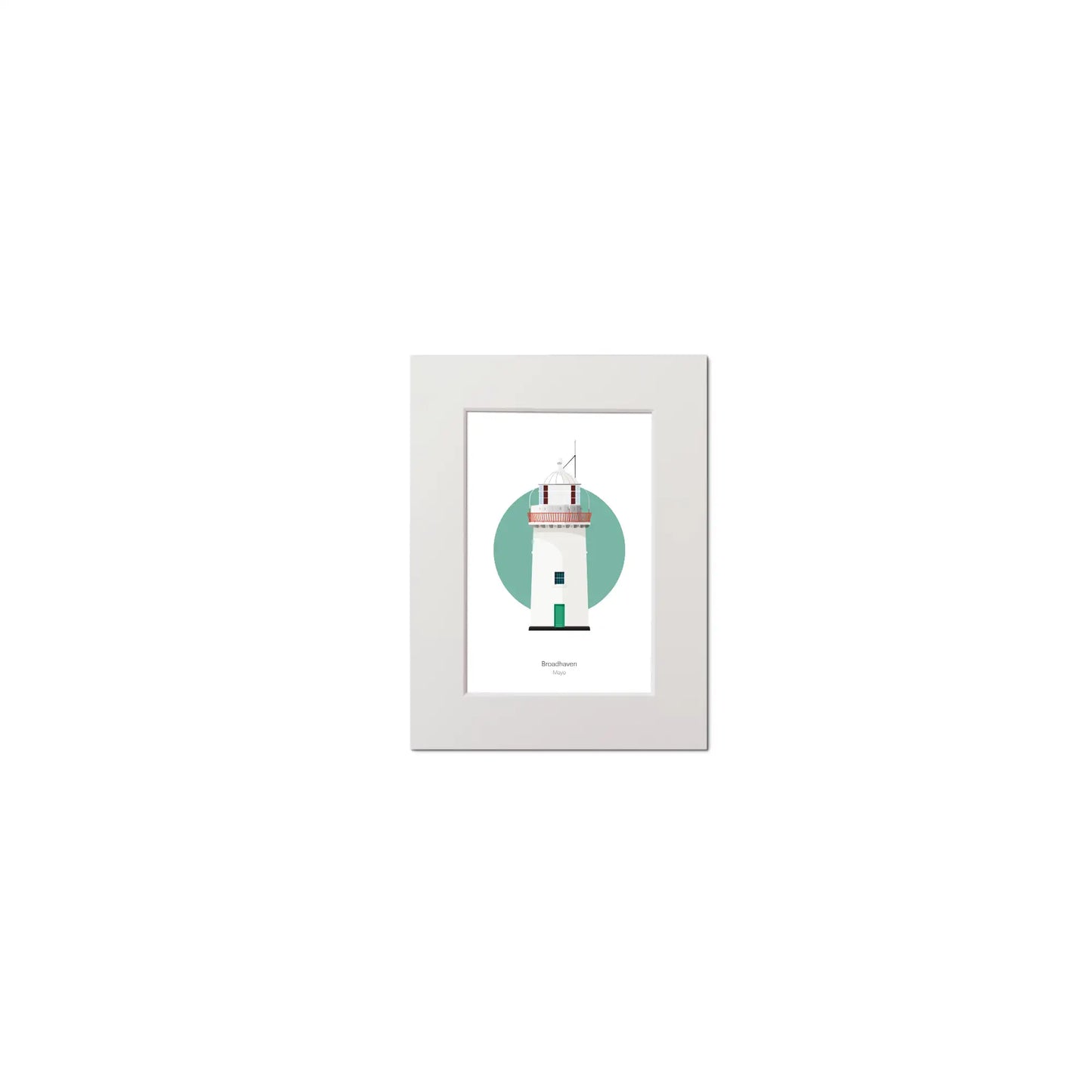 Illustration of Broadhaven lighthouse on a white background inside light blue square, mounted and measuring 15x20cm.