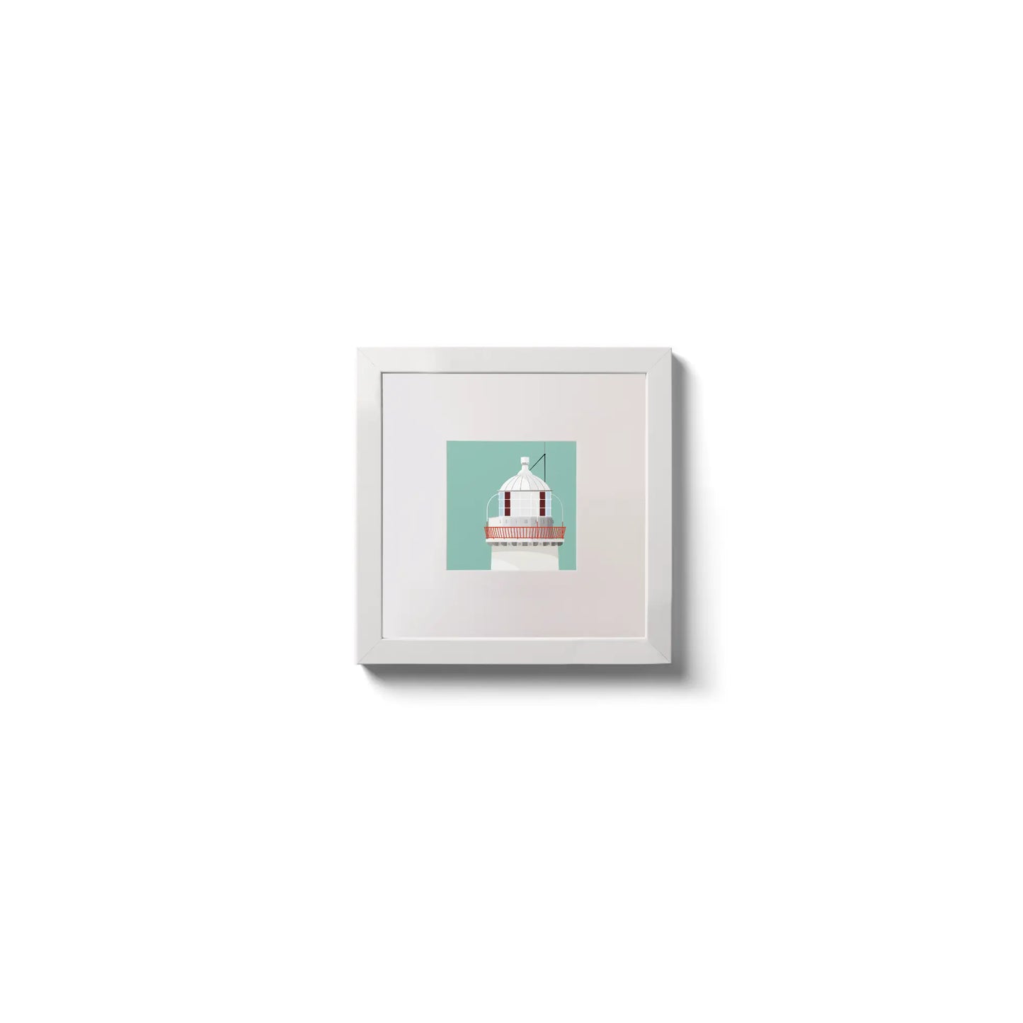 Illustration of Broadhaven lighthouse on an ocean green background,  in a white square frame measuring 10x10cm.