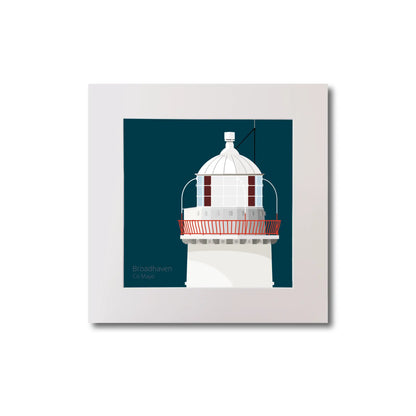 Illustration of Broadhaven lighthouse on a midnight blue background, mounted and measuring 20x20cm.