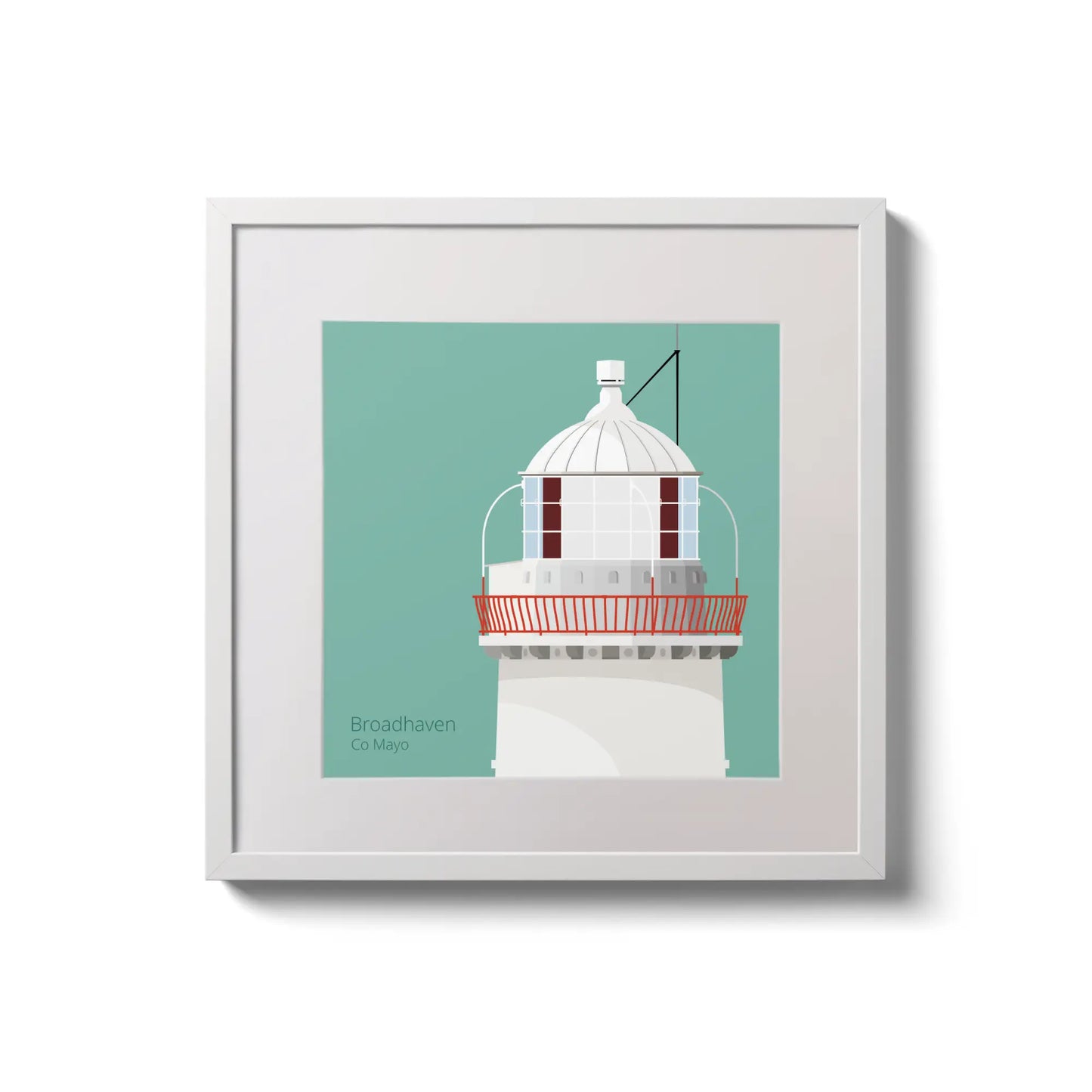 Illustration of Broadhaven lighthouse on an ocean green background,  in a white square frame measuring 20x20cm.