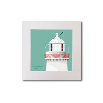 Illustration of Broadhaven lighthouse on an ocean green background, mounted and measuring 20x20cm.