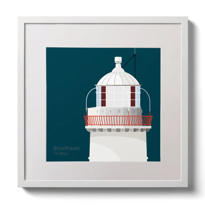 Illustration of Broadhaven lighthouse on a midnight blue background,  in a white square frame measuring 30x30cm.