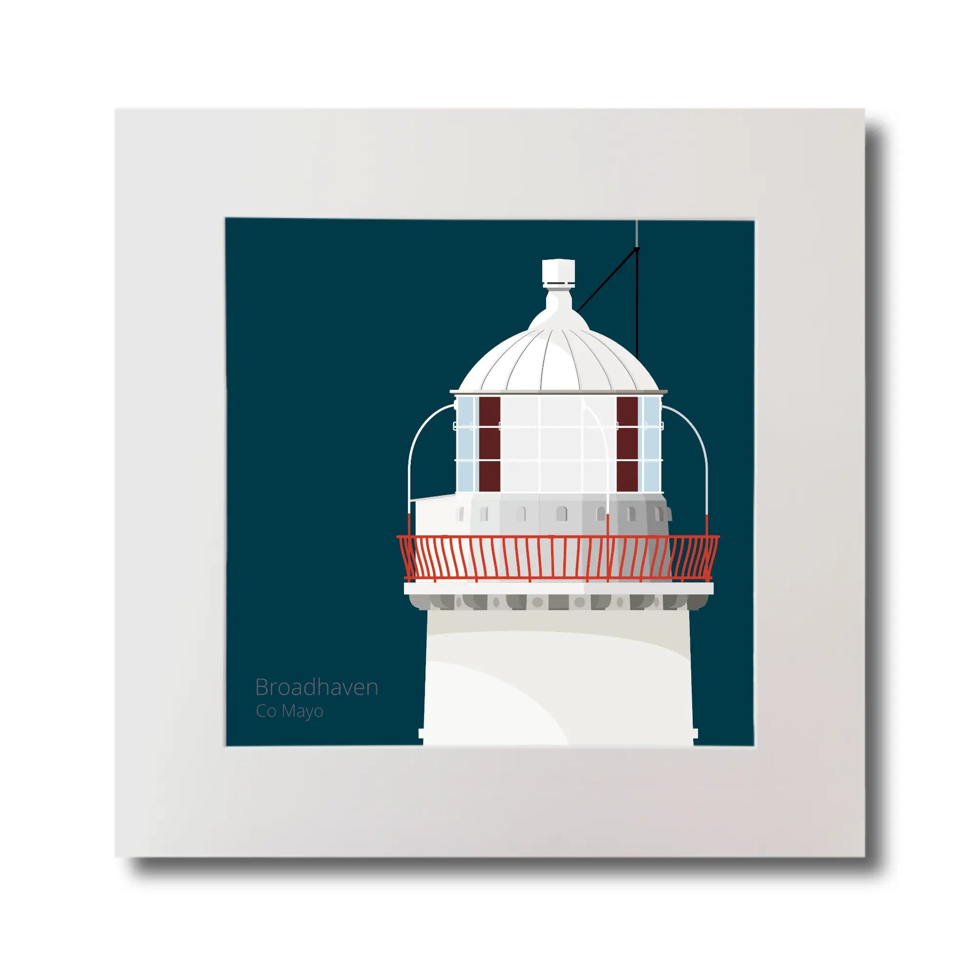 Illustration of Broadhaven lighthouse on a midnight blue background, mounted and measuring 30x30cm.