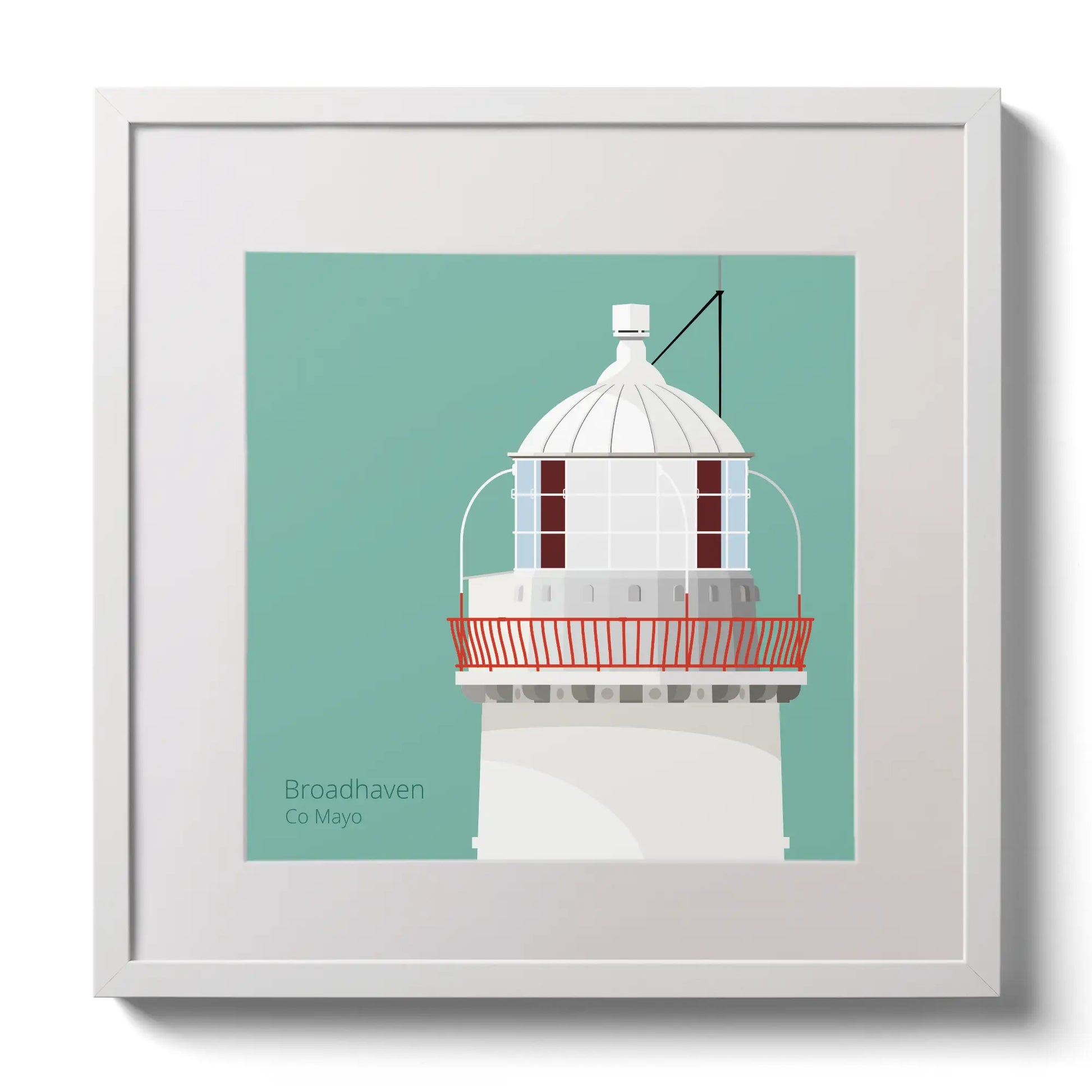Illustration of Broadhaven lighthouse on an ocean green background,  in a white square frame measuring 30x30cm.