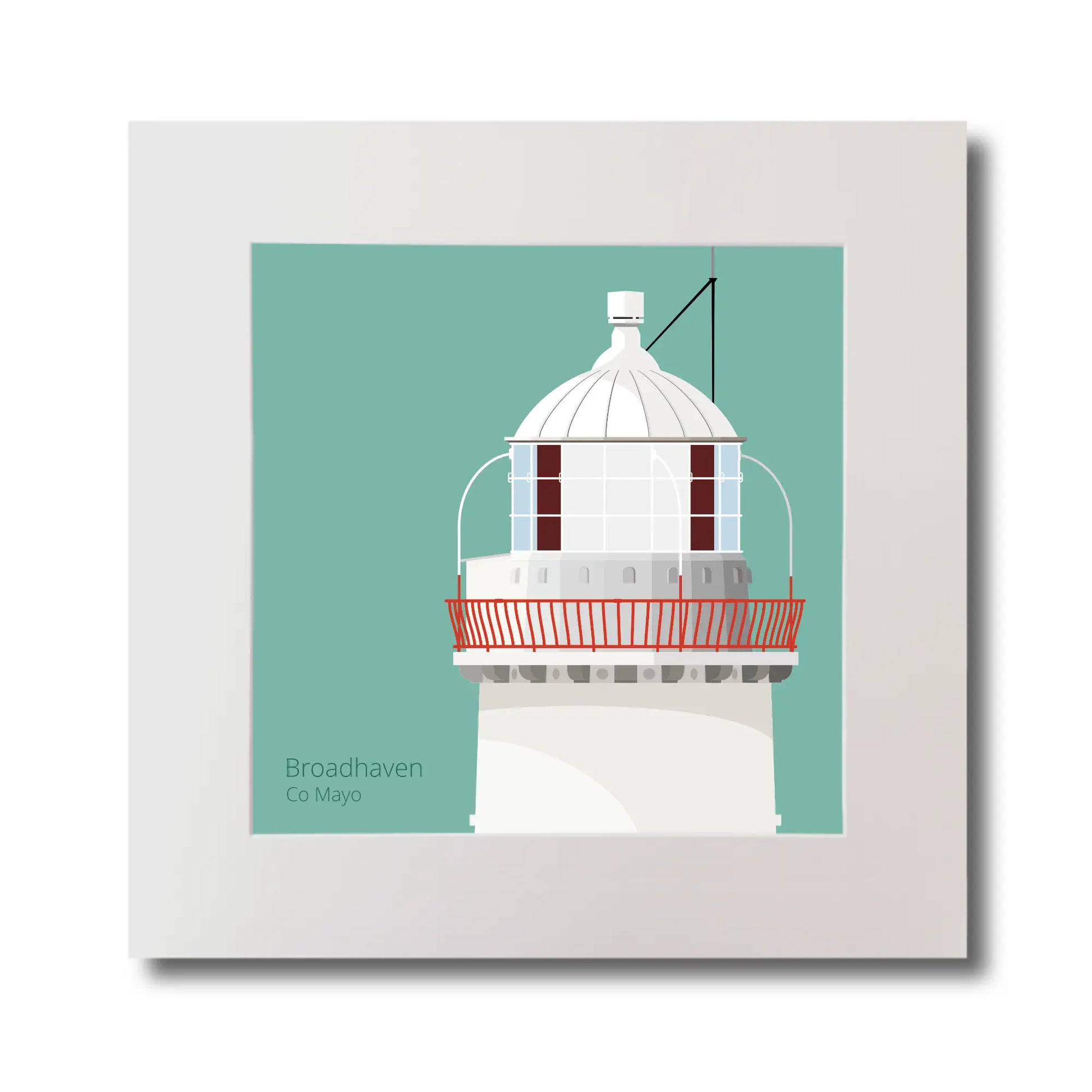 Illustration of Broadhaven lighthouse on an ocean green background, mounted and measuring 30x30cm.