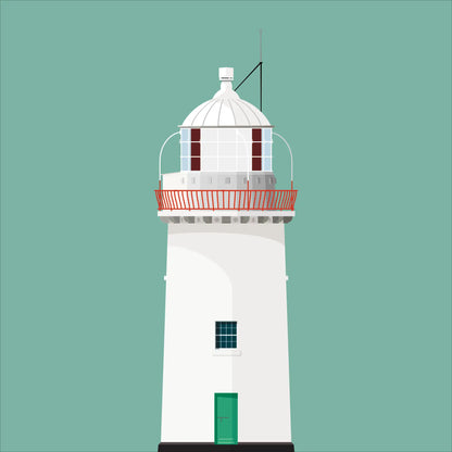 Illustration of Broadhaven lighthouse on a white background inside light blue square.