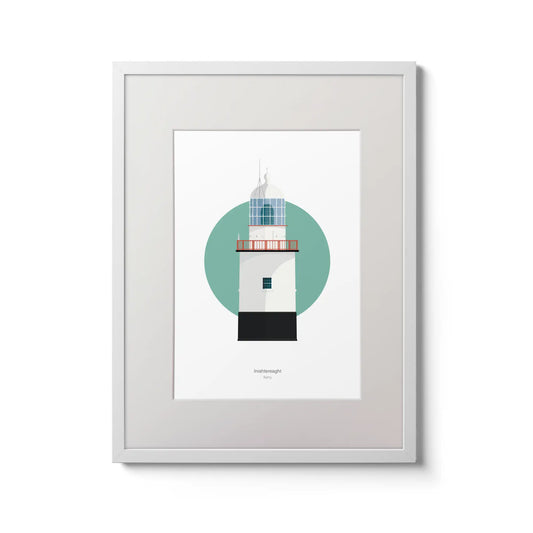 Illustration of Inistearaght lighthouse on a white background inside light blue square,  in a white frame measuring 30x40cm.