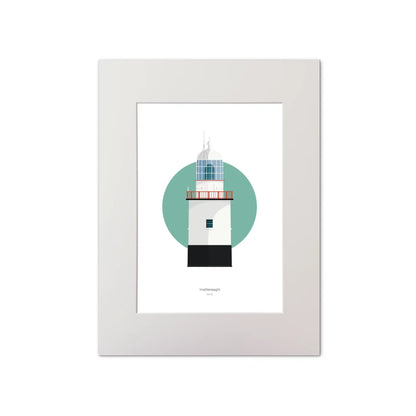 Illustration of Inistearaght lighthouse on a white background inside light blue square, mounted and measuring 30x40cm.