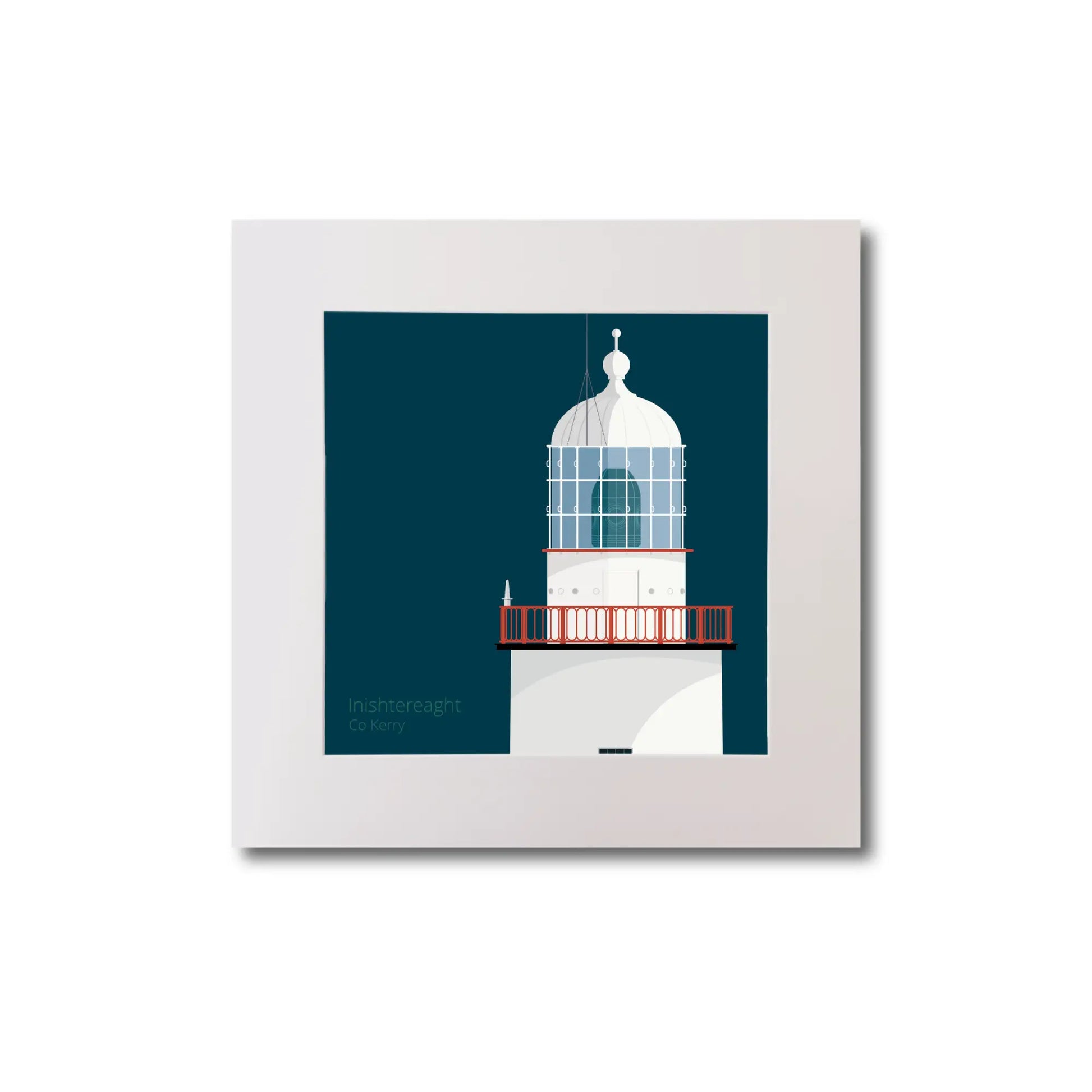 Illustration of Inistearaght lighthouse on a midnight blue background, mounted and measuring 20x20cm.