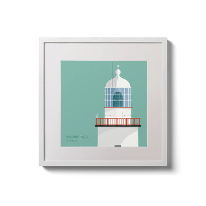 Illustration of Inistearaght lighthouse on an ocean green background,  in a white square frame measuring 20x20cm.