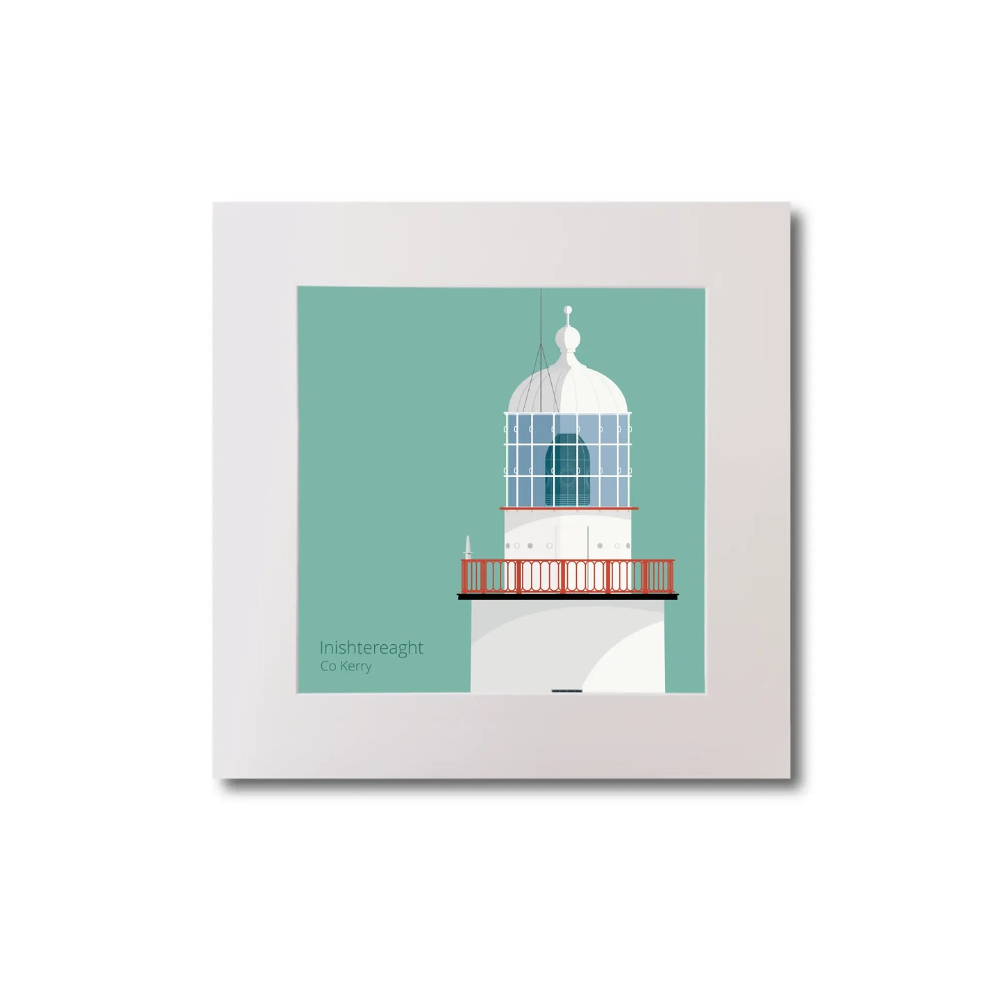 Illustration of Inistearaght lighthouse on an ocean green background, mounted and measuring 20x20cm.